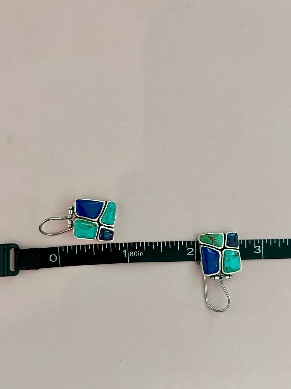 Cute Artisan Sterling Silver Turquoise Lapis Inlay Drop Dangle Earrings Vintage - Picture 4 of 5